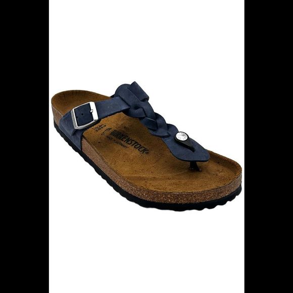 Birkenstock Women's Gizeh Braided Leather Thong Sandal Navy - Wide - Picture 1 of 3